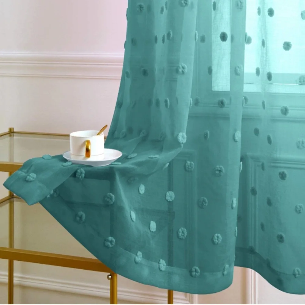 Luxury Home | Boho Chic ✨ Teal Sheer Pom Pom Textured Short Boutique Curtains